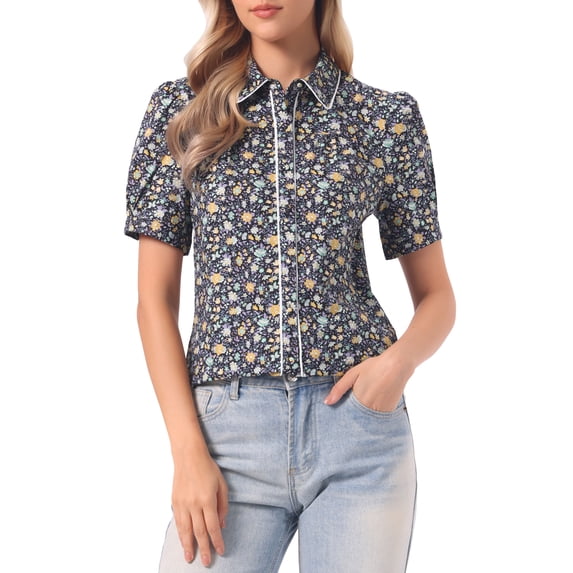 INSPIRE CHIC Women's Peter Pan Collar Blouse Floral Puff Short Sleeve Contrast Trim Button Down Top XL Black