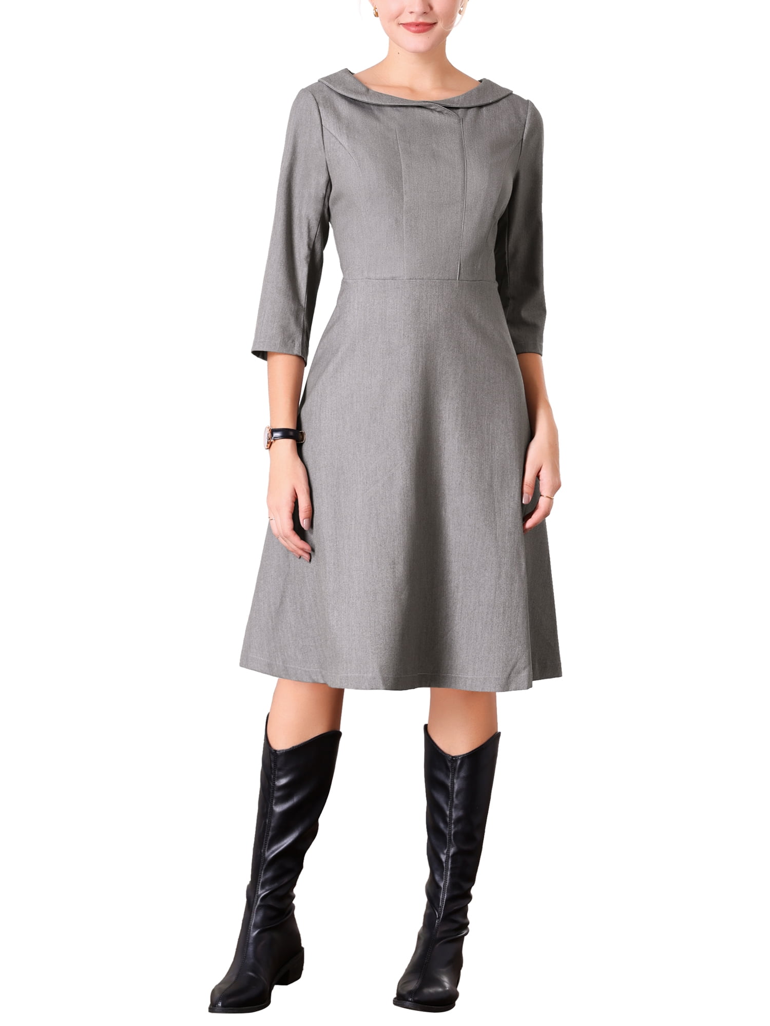grey peter pan collar dress Inspire Chic Women's 3/4 Sleeve A Line Elegant Wear to Work Dresses M Grey, Size: Medium, Black Tartine