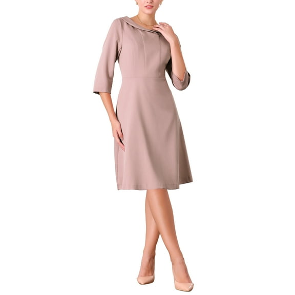 INSPIRE CHIC Women's Peter Pan Collar Dress 3/4 Sleeve A Line Elegant Wear to Work Dresses S Grey Pink