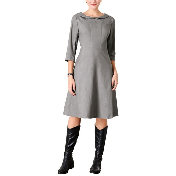 INSPIRE CHIC Women's Peter Pan Collar Dress 3/4 Sleeve A Line Elegant Wear to Work Dresses S Grey