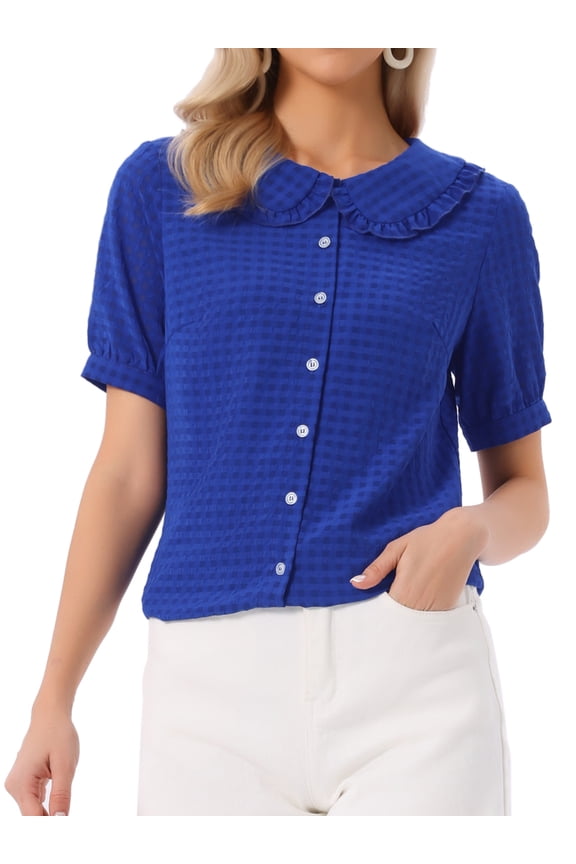 Women's Peter Pan Collar Ruffled Trim Gingham Button Down Blouse M Royal Blue