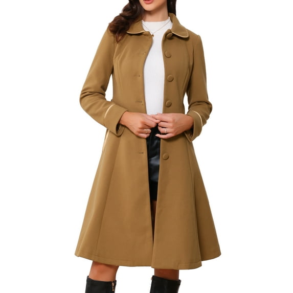 INSPIRE CHIC Women's Peter Pan Collar Single Breasted Belted Contrast Trim Swing Winter Coat M Khaki