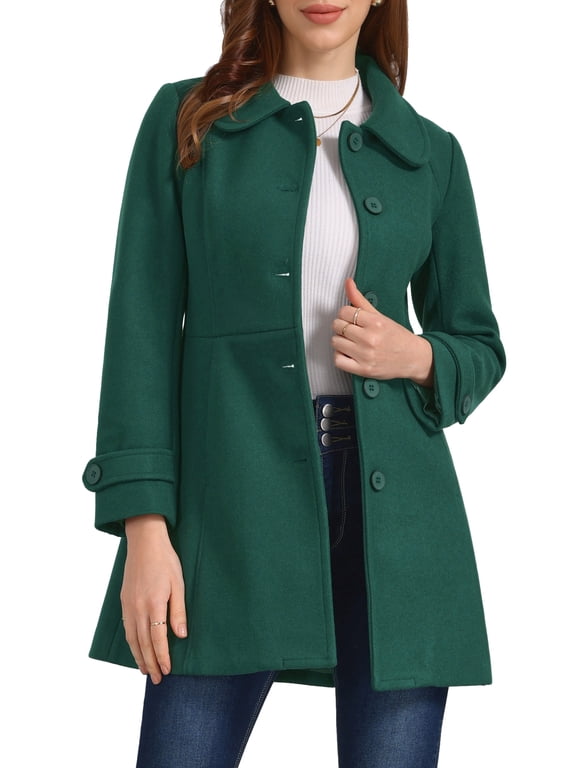 Women's Coats Peter Pan Collar Single Breasted Button Front Outwear Winter Coats L Dark Green