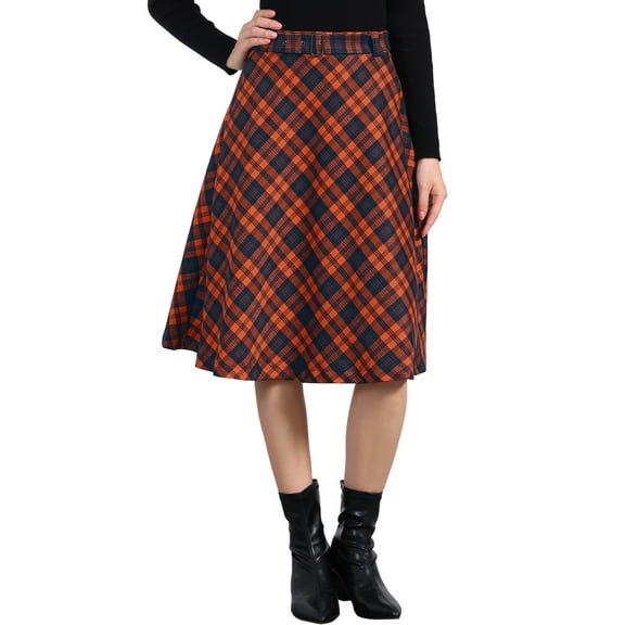 INSPIRE CHIC Women's Plaid Skirts Belted High Waist A-Line Mid-Length Skirts XS Orange Brown