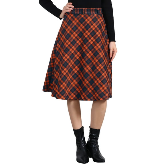 INSPIRE CHIC Women's Plaid Skirts Belted High Waist A-Line Mid-Length Skirts XS Orange Brown