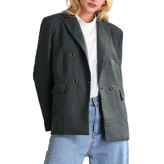 INSPIRE CHIC Women's Plaid Blazer Lapel Collar Long Sleeve Double Breasted Jacket L Dark Grey