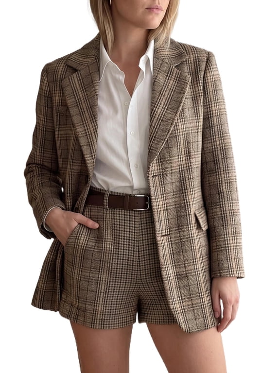 Women's Plaid Blazer Notched Lapel Single Breasted Work Jacket Medium Coffee