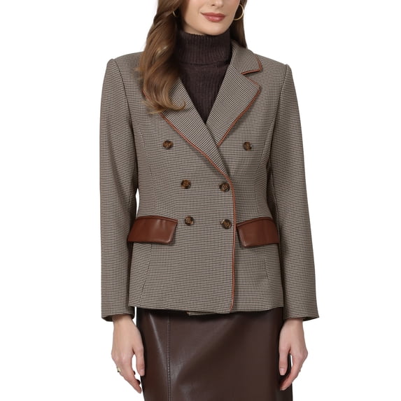 INSPIRE CHIC Women's Plaid Blazer Trendy Casual Houndstooth Double Breasted Suit Jacket L Grey Brown