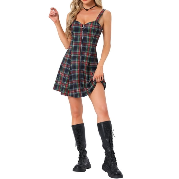 INSPIRE CHIC Women's Plaid Check Strap Zipper Front Sleeveless Dress XL Red Royal blue