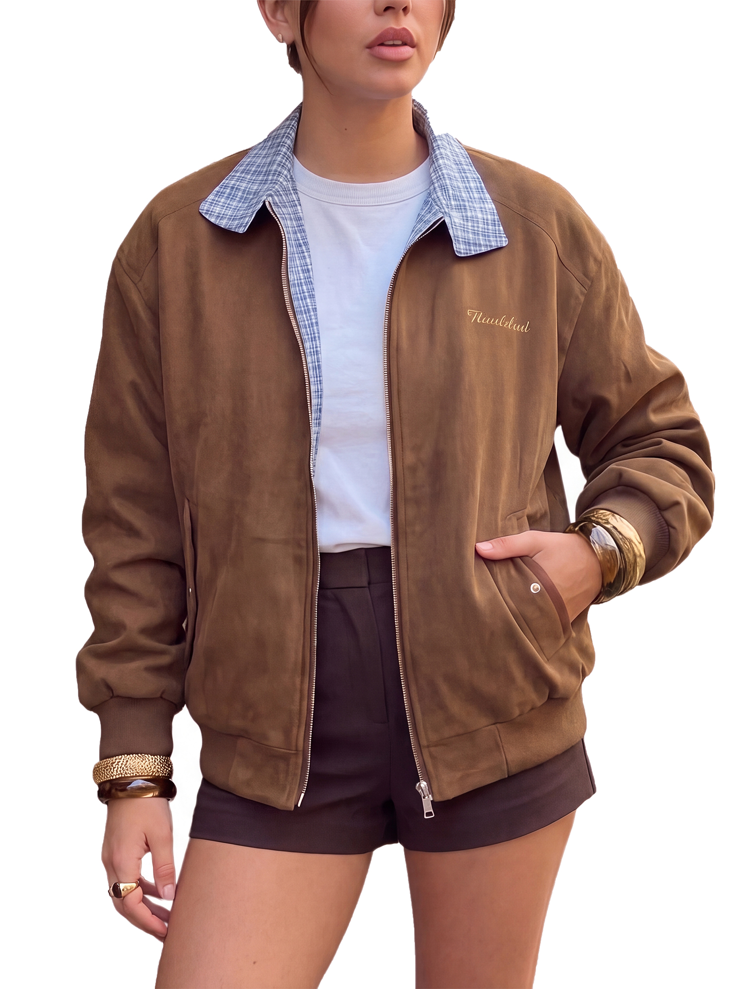 INSPIRE CHIC Women's Plaid Faux Coat Suede Contrast Color Zip Up Elastic Cuffs Bomber Jacket X Large Brown