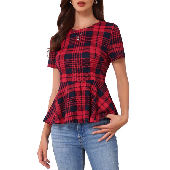 INSPIRE CHIC Women's Plaid Peplum Top Short Sleeve Business Casual Ruffle Hem Blouse 2XL Red