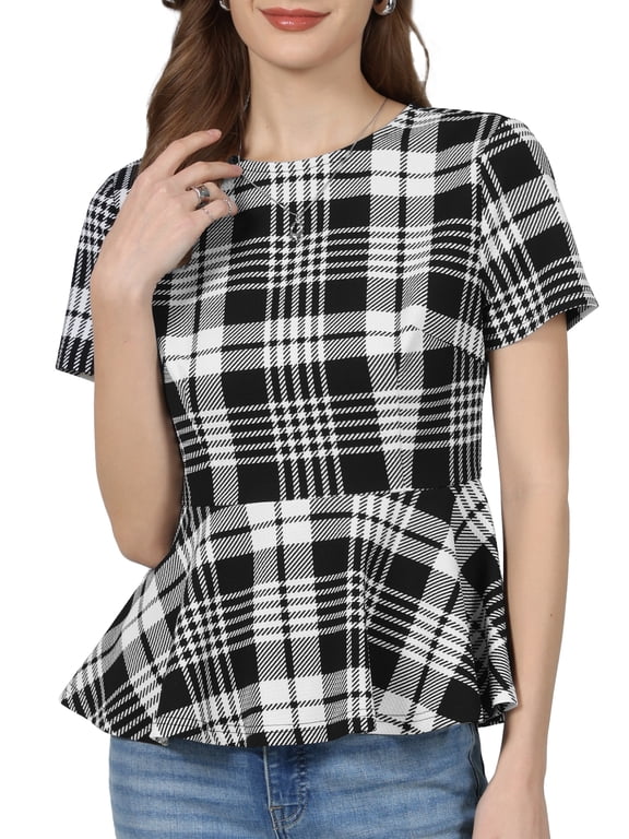 Women's Plaid Peplum Top Short Sleeve Business Casual Ruffle Hem Blouse M Black
