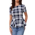 thumbnail image 1 of INSPIRE CHIC Women's Plaid Peplum Top Short Sleeve Business Casual Ruffle Hem Blouse S Navy Blue, 1 of 5