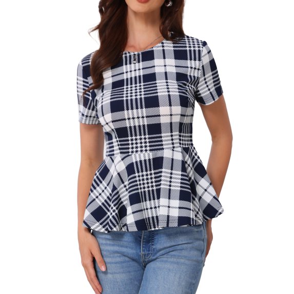 INSPIRE CHIC Women's Plaid Peplum Top Short Sleeve Business Casual Ruffle Hem Blouse S Navy Blue