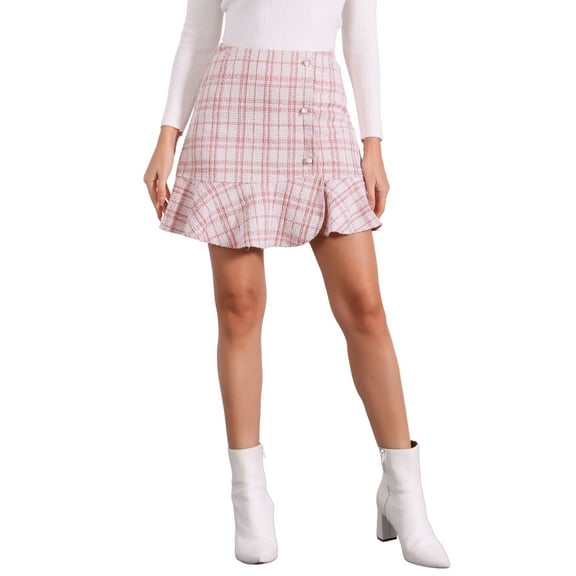 INSPIRE CHIC Women's Plaid Ruffle Hem Button Decor Tweed Mini Skirts L Pink