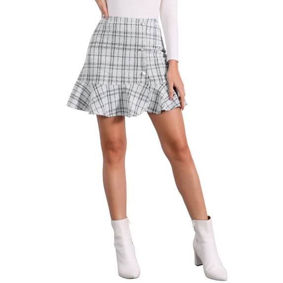 INSPIRE CHIC Women's Plaid Ruffle Hem Button Decor Tweed Mini Skirts S White Black