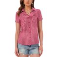 thumbnail image 1 of INSPIRE CHIC Women's Plaid Shirts Point Collar Button Down Blouses Dark Red White XS, 1 of 6