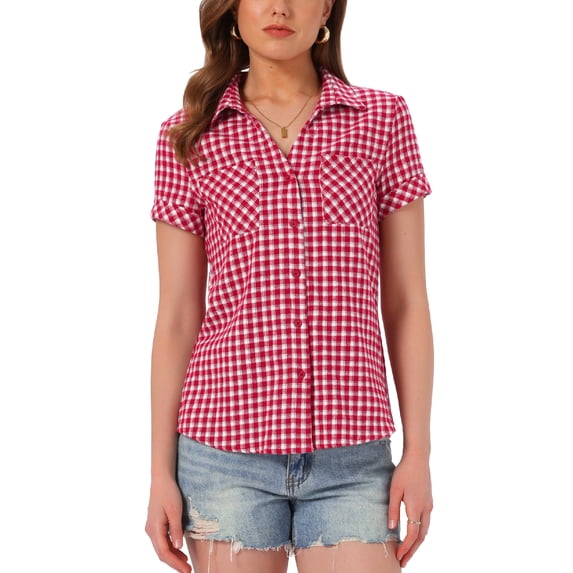 INSPIRE CHIC Women's Plaid Shirts Point Collar Button Down Blouses Dark Red White XS