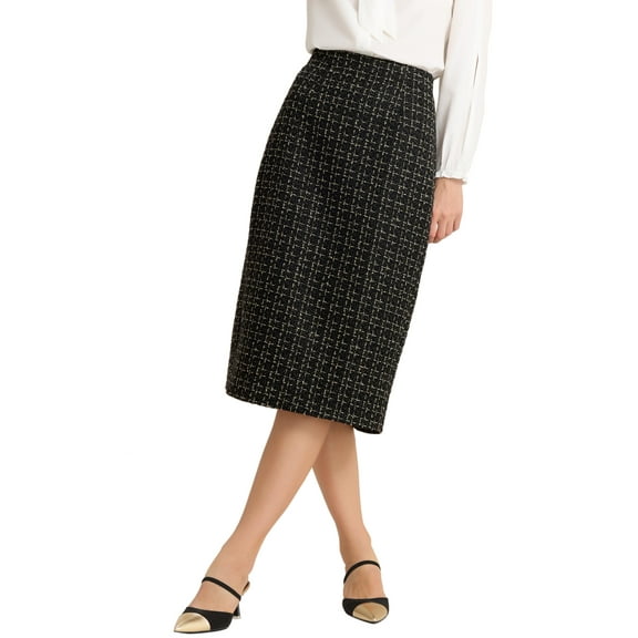INSPIRE CHIC Women's Plaid Tweed Zipper Split Back Work Midi Skirts M Black