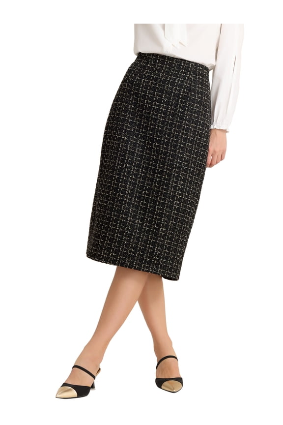 Women's Plaid Tweed Zipper Split Back Work Midi Skirts XS Black