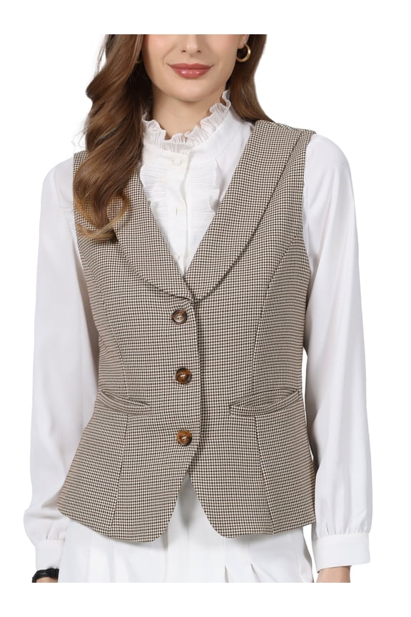 Women's Plaid Vest Top Business Casual Lapel Collar Houndstooth Button Waistcoat with Pockets M Brown
