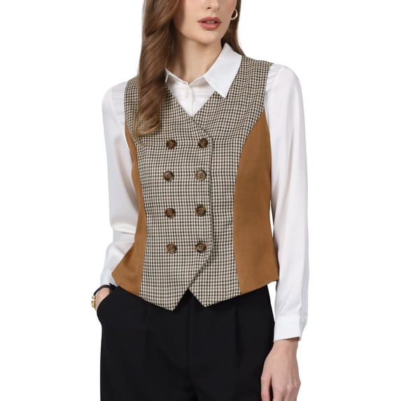 INSPIRE CHIC Women's Plaid Vest Top Sleeveless Double Breasted Faux Suede Panel Dressy Casual Waistcoat M Brown