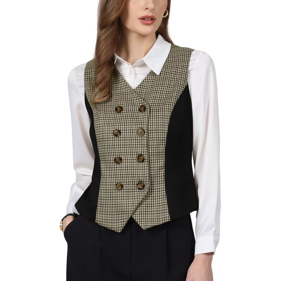 INSPIRE CHIC Women's Plaid Vest Top Sleeveless Double Breasted Faux Suede Panel Dressy Casual Waistcoat S Black