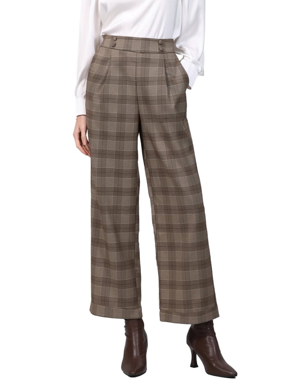 Women's Plaid Work Pant High Waist Houndstooth Wide Leg Straight Long Trousers S Brown