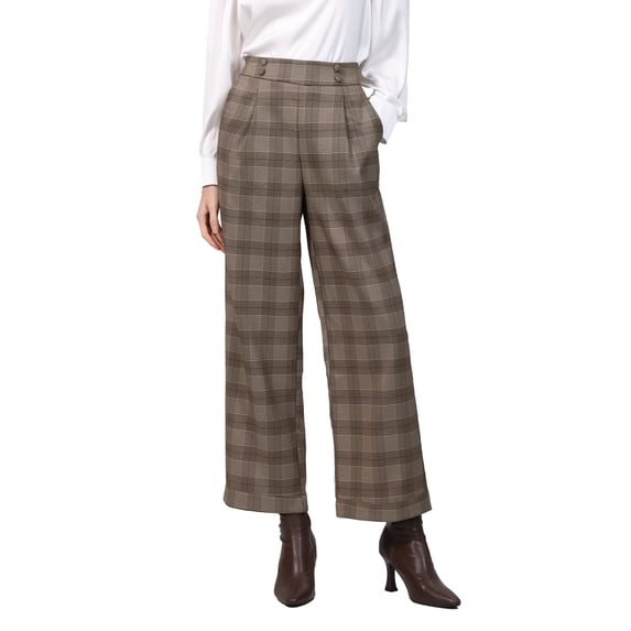 INSPIRE CHIC Women's Plaid Work Pant High Waist Houndstooth Wide Leg Straight Long Trousers XL Brown