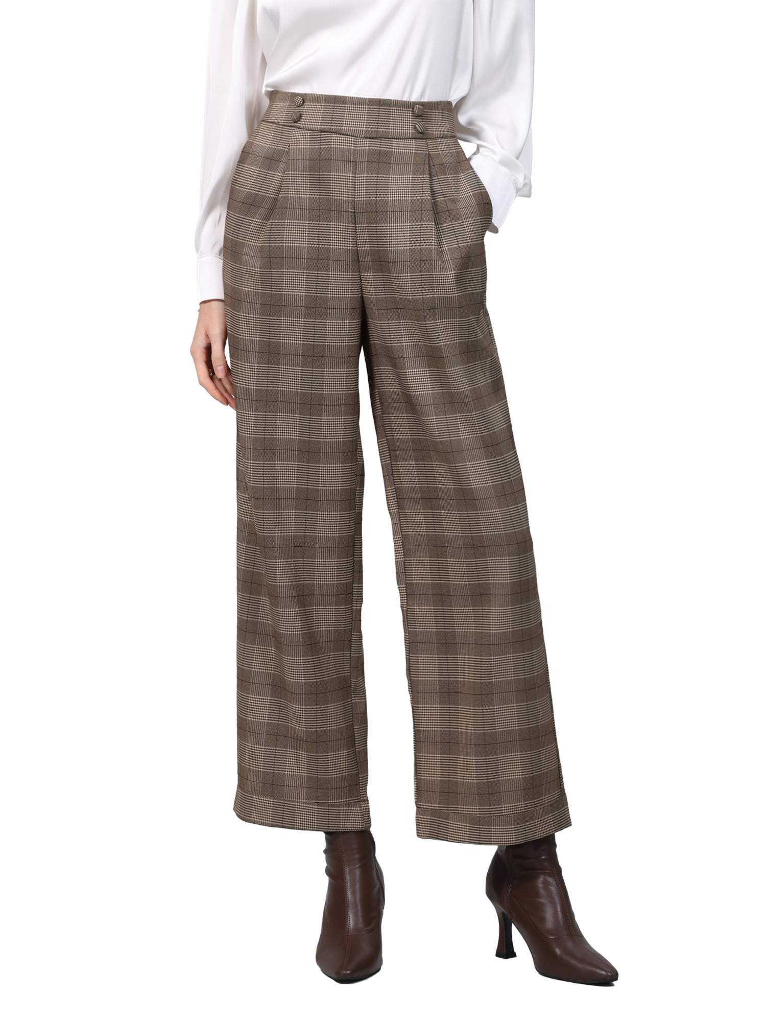 INSPIRE CHIC Women's Plaid Work Pant High Waist Houndstooth Wide Leg Straight Long Trousers XL Brown