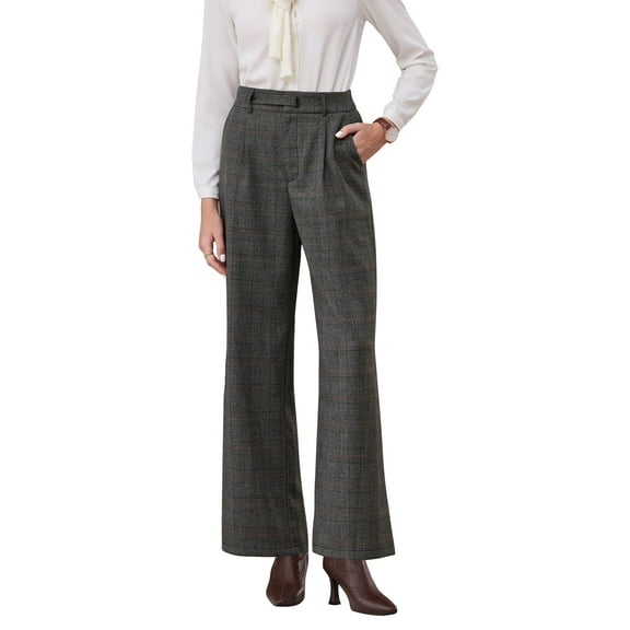 INSPIRE CHIC Women's Plaid Work Pant Vintage Houndstooth Wide Leg Straight Long Trousers S Dark Grey