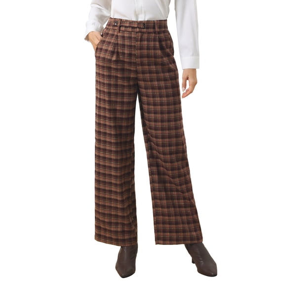 INSPIRE CHIC Women's Plaid Work Pant Vintage Houndstooth Wide Leg Straight Long Trousers XL Rust Red
