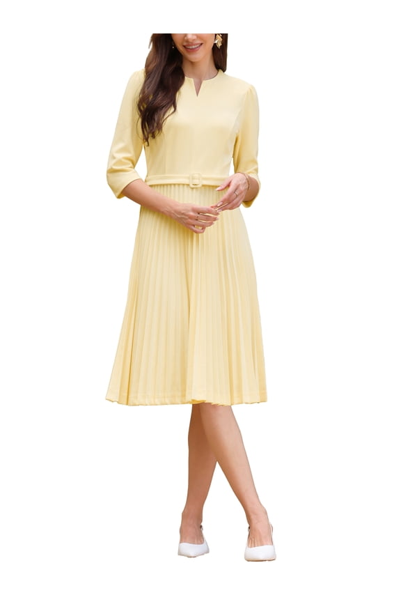 Women's Pleated Dress 3/4 Sleeve V Neck Belted 2026 Elegant Work A-Line Dresses S Light Yellow