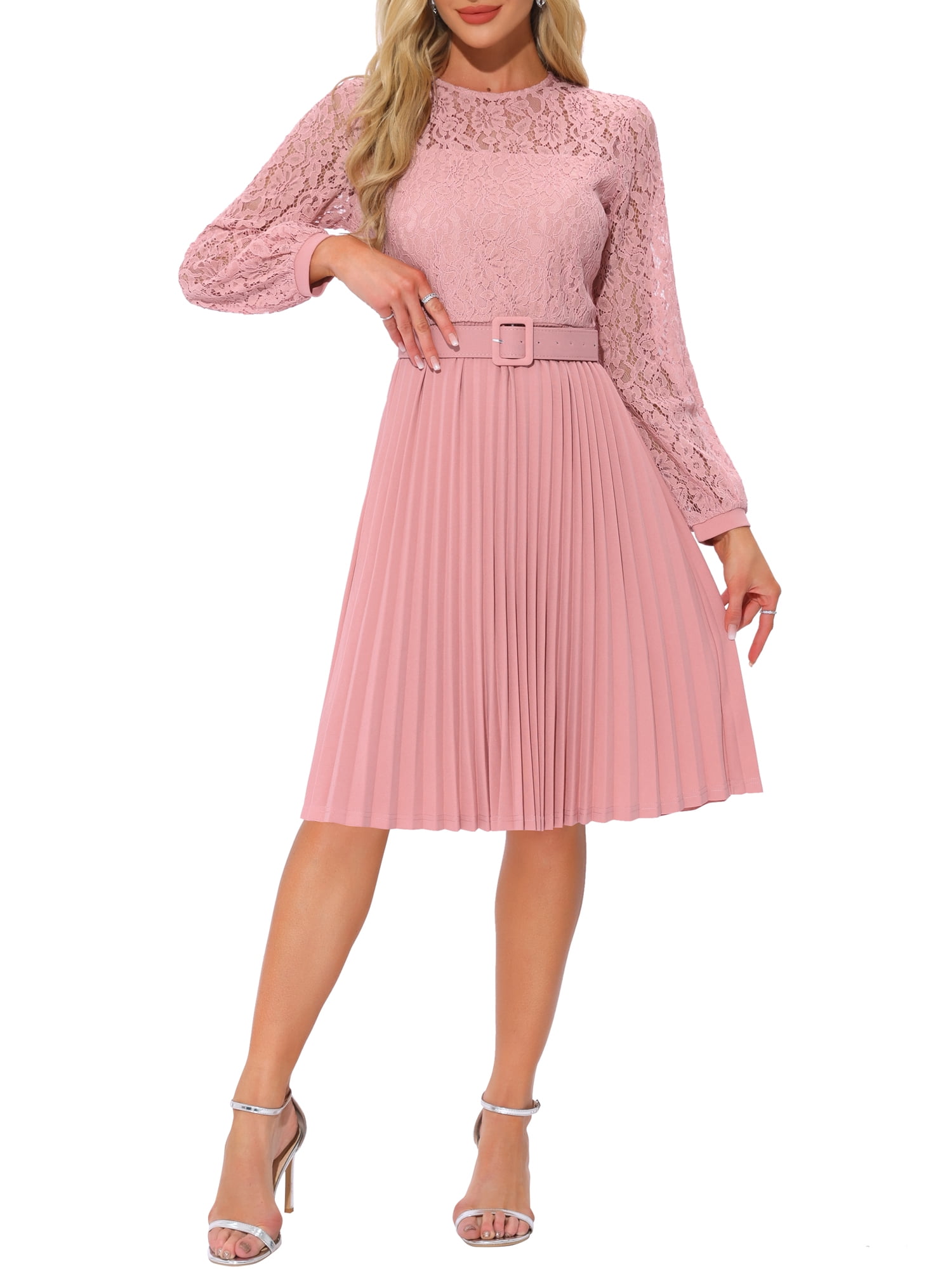 INSPIRE CHIC Women's Dress Crew Neck Long Sleeve Pleated Lace Belted Midi  Dress S Light Pink - Walmart.com