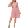 thumbnail image 1 of INSPIRE CHIC Women's Dress Crew Neck Long Sleeve Pleated Lace Belted Midi Dress XS Light Pink, 1 of 6