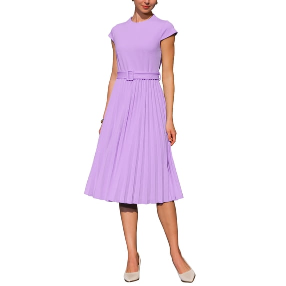 INSPIRE CHIC Women's Pleated Dress Mock Neck Cap Sleeve Belted A-Line Dresses XL Light Purple