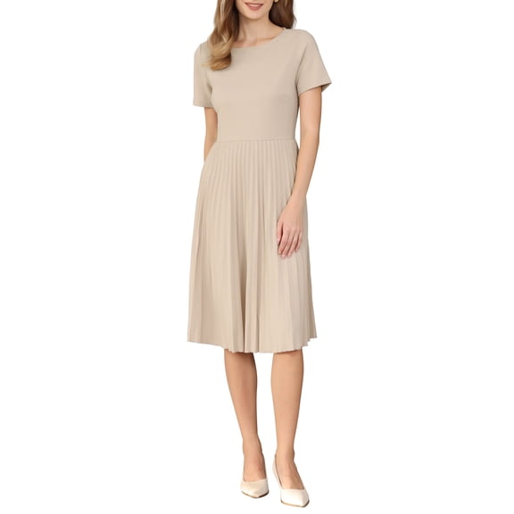 INSPIRE CHIC Women's Pleated Dress A-Line Short Sleeve Wear-to-Work Midi Dress L Dark Beige