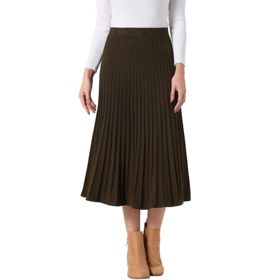 INSPIRE CHIC Women's Pleated High Waist Stretch A-Line Casual Knit Midi Skirt M Coffee