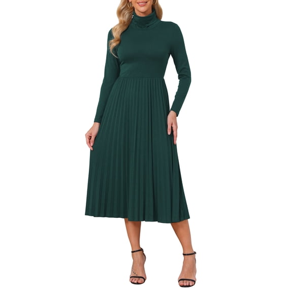 INSPIRE CHIC Women's Pleated Knit Dress Long Sleeve Turtleneck Business Casual Sweater A-Line Midi Dresses Fall Winter Outfits M Dark Green