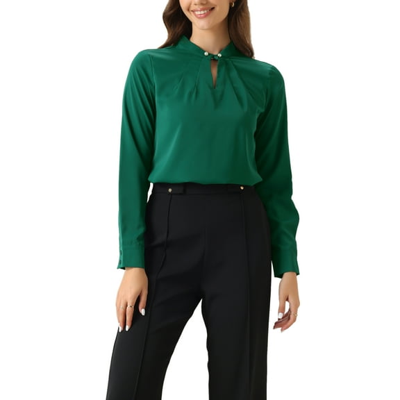 INSPIRE CHIC Women's Pleated Mock Neck Pearl Decor Elegant Work Blouse Top M Dark Green