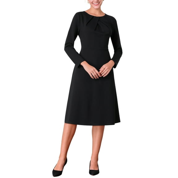 INSPIRE CHIC Women's Pleated Neck Winter Long Sleeve A-Line Midi Dress M Black
