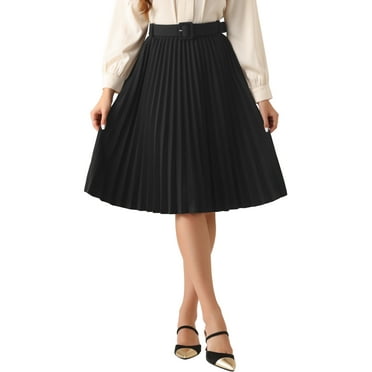 INSPIRE CHIC Women's Pleated Skirt Elastic High Waist Belt Midi Skirts S Black