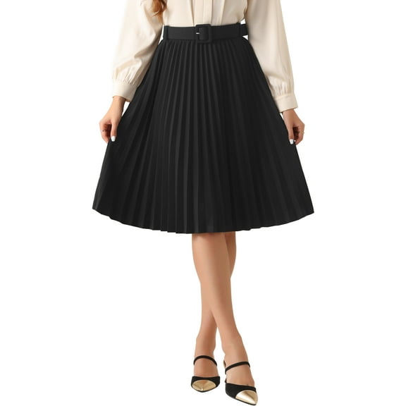 INSPIRE CHIC Women's Pleated Skirt Elastic High Waist Belt Midi Skirts S Black