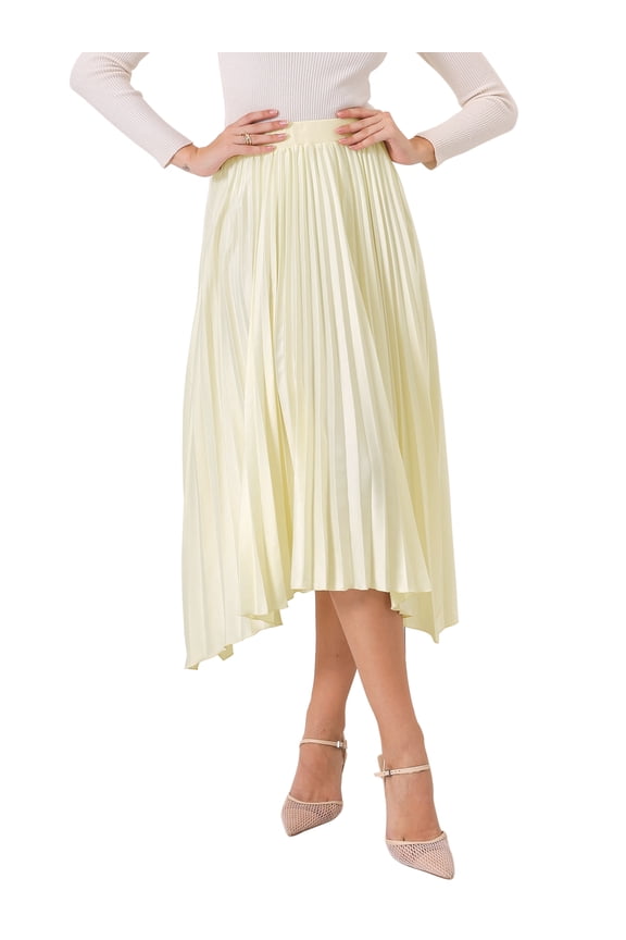 Women's Pleated Skirt Elastic Waist Asymmetrical Hem Satin Midi Flare Skirts M Light Beige