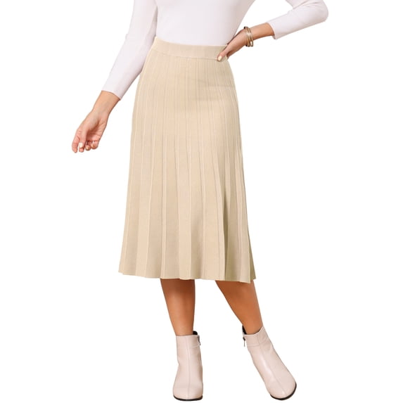 INSPIRE CHIC Women's Pleated Sweater Skirt High Waist Ribbed Knit A-Line Midi Skirt Beige L