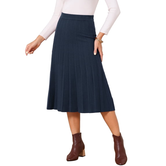 INSPIRE CHIC Women's Pleated Skirts High Waist Stretchy A Line Ribbed Knit Sweater Midi Skirt Fall Winter Outfits S Dark Blue