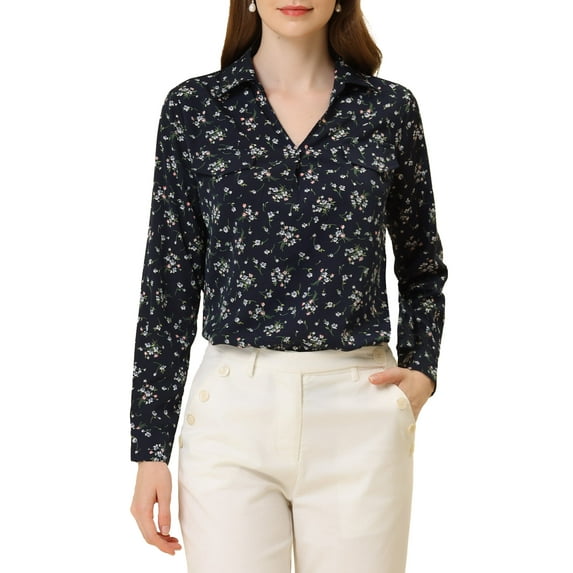 INSPIRE CHIC Women's Pleated V-Neck Long Sleeve Floral Faux Pocket Collared Dress Shirt XS Navy Blue