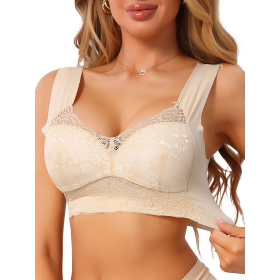 INSPIRE CHIC Women's Plunge Lace Wireless Push Up Pullover Bra Full Coverage Anti-Sagging Wide Strap Everyday Bras 5XL Beige