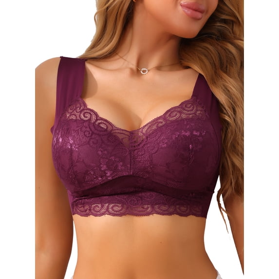 INSPIRE CHIC Women's Plunge Lace Wireless Push Up Pullover Bra Full Coverage Anti-Sagging Wide Strap Everyday Bras L Purple