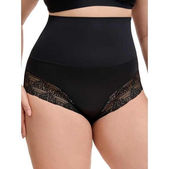 INSPIRE CHIC Women's Plus Size Lace Trimmed Briefs Underwear Tummy Control High Waisted Soft Breathable Full Coverage Panties XL Black